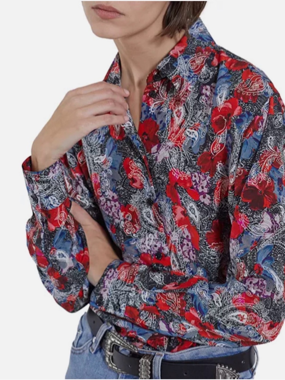 The Kooples 100% Silk Floral Paisley Button-Up Shirt in Red & Blue